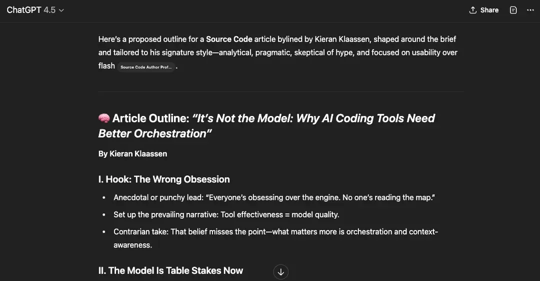 I took one of Kieran’s tweets, ran it through my EveryBrief generator, and had ChatGPT turn that into an outline, which Kieran turned into a Source Code essay.