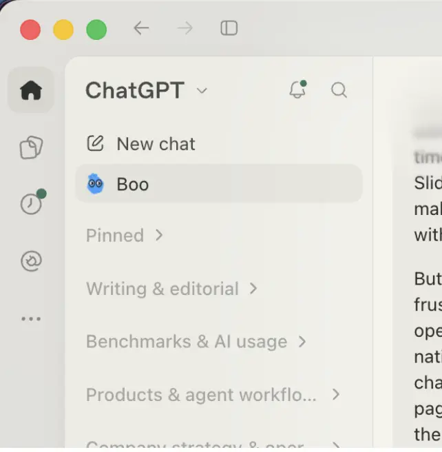My Dot, Boo, in the redesigned ChatGPT sidebar.