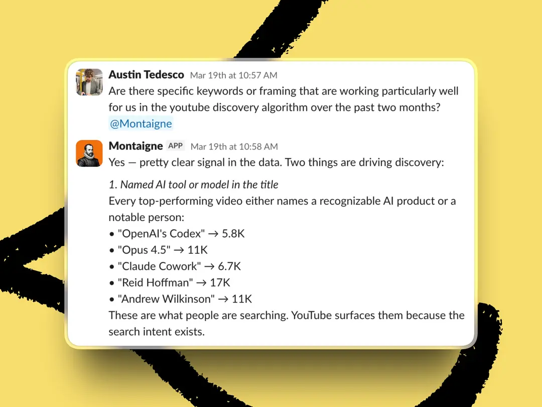 Austin Tedesco asks Montaigne to analyze YouTube keywords for ‘AI & I’ (All screenshots courtesy of the Every Slack workspace unless indicated otherwise.)
