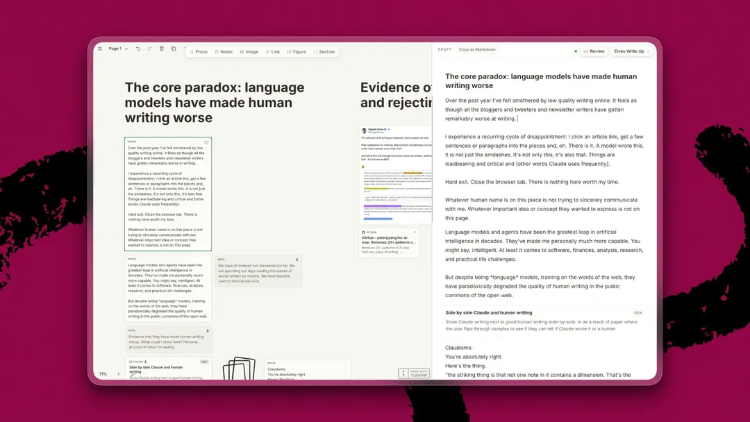Appleton’s canvas allows her to move note cards between sections, which are arranged vertically; a sidebar displays all draft text in sequential order, so she can review what she’s written linearly. (Screenshot courtesy of Maggie Appleton.)