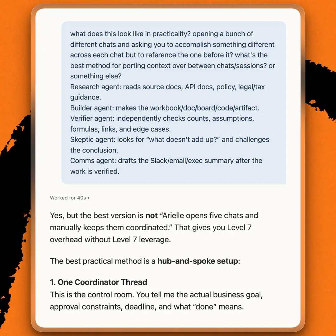 Codex explains how to coordinate specialist agents through one lead thread. (Recreated from a Codex conversation.)
