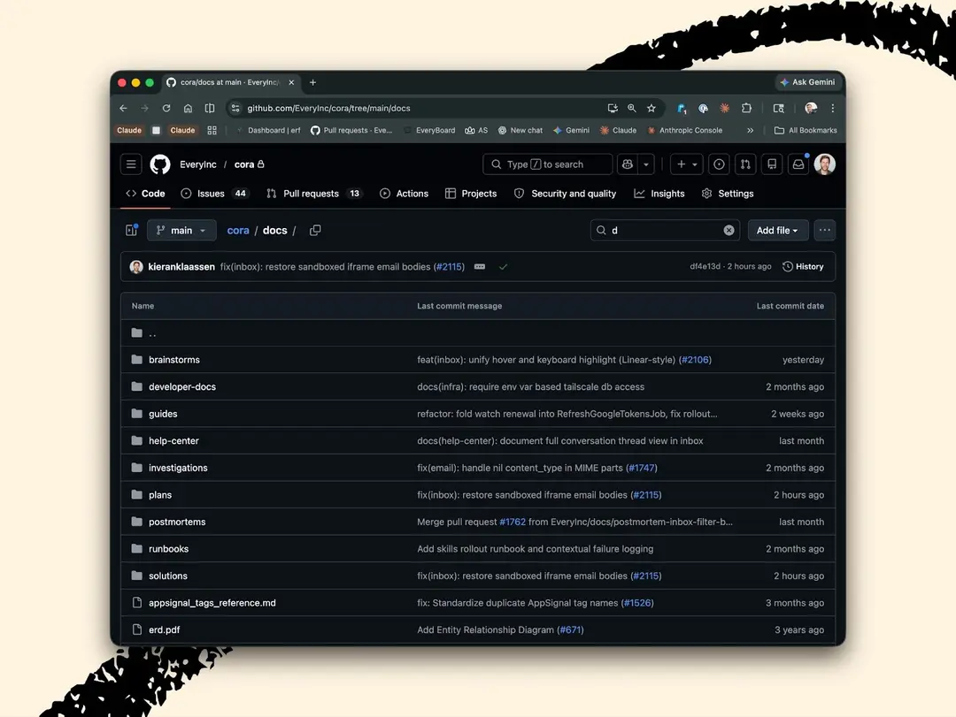 My Cora repository serves as a living memory system: conventions, runbooks, and specialized agents all layered so any new model instantly inherits how Cora thinks and operates. (All images courtesy of Kieran Klaassen.)