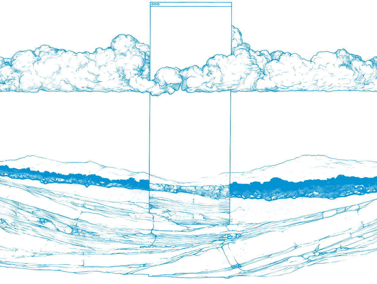 A tall window passes through clouds and a cutaway geological landscape.